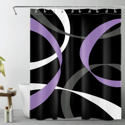 Miniatura 32 de LB Cortina de ducha abstracta rosa para baño, cortina de ducha de tela a rayas grises y blancas sobre fondo negro con ganchos, juego de cortinas