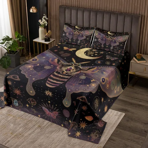 Miniatura 13 de Erosebridal Juego de colcha bohemia de mariposa y polilla de la muerte, colcha de luna estrellada de noche estrellada, juego de ropa de cama