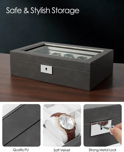 Miniatura 4 de GUKA Caja de 10 ranuras para reloj, vitrina organizadora de cristal real, con estuche de lujo para hombres y mujeres, regalo