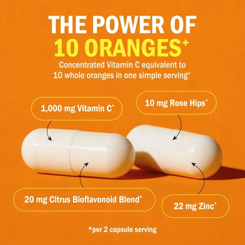 Miniatura 4 de Vitamina C - cápsulas de 1000 mg con zinc, escaramujo y bioflavonoides - Suplemento de apoyo inmune con 10 veces el poder de la vitamina C - Acorta