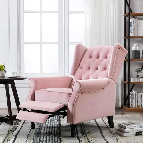 Miniatura 11 de Silla decorativa de terciopelo, silla reclinable con respaldo de empuje, silla con brazo con respaldo alado para sala de estar, dormitorio, cine
