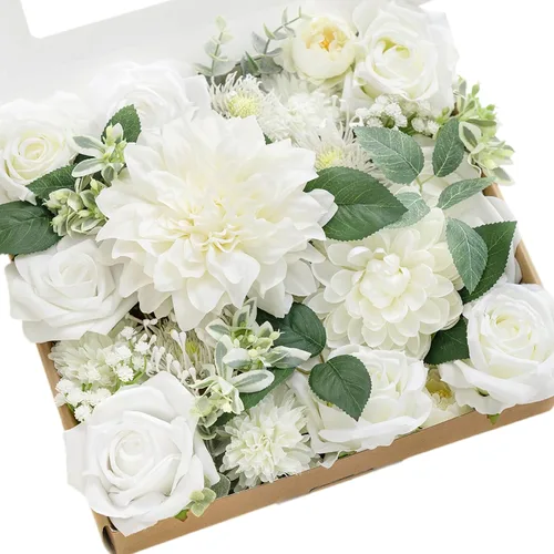 Ling's moment Caja de Flores Falsas, Tallos de Vegetación Artificial Falsa Rosas de Espuma Dalias de Seda Hojas de Rosa Flor de Tela para Centros de