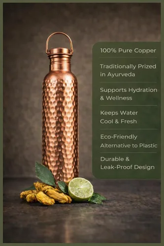 Miniatura 2 de Botella de agua de cobre puro de alta calidad de 32 onzas, diseño martillado, botella ayurvédica a prueba de fugas, hecha a mano, ecológica
