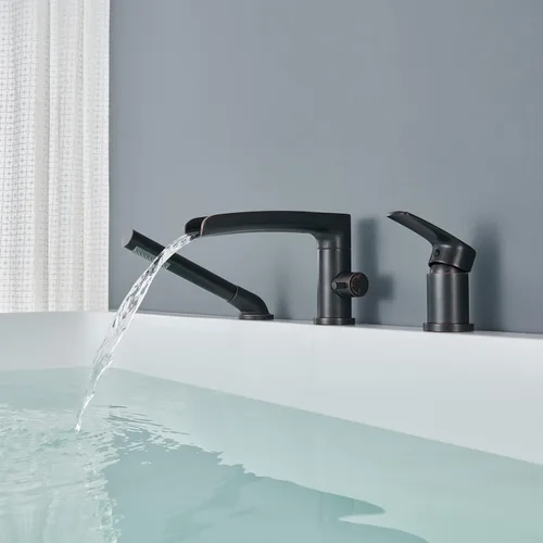 Miniatura 4 de Wowkk Grifo de bañera romana en cascada de bronce aceitado para montaje en cubierta, grifos de baño de latón con ducha de mano Oil Rubbed Bronze
