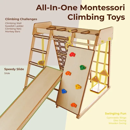 Miniatura 6 de LINKHOO Gimnasio grande de madera para interiores de la selva para niños de 2 a 6 años, juego de escalador Montessori con tobogán, red de escalada