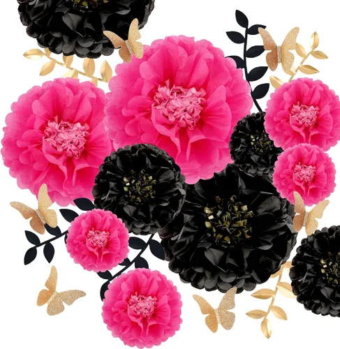 Fonder Mols Papel de seda con mariposas y hojas de olivo para boda, baby shower, cuarto de bebé, decoración de fiestas y eventos, pompones (negro,