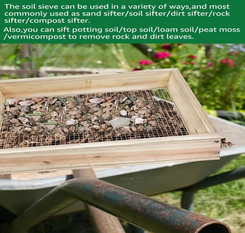 Miniatura 10 de Tamiz de tierra, tamiz de suciedad para jardinería, tamiz de compost, tamiz de jardín, tamiz de madera ligera para rocas, tamiz de tamiz de pantalla