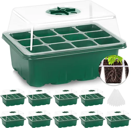 MIXC Kit de iniciación de semillas de 10 paquetes con cúpula de humedad (bandeja total de 120 celdas), bandejas de inicio de semillas, kit de Verde