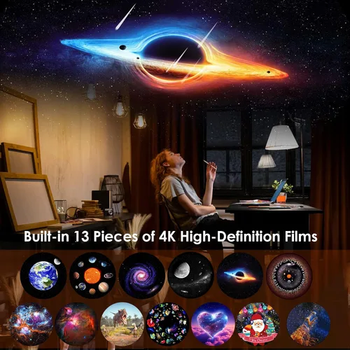 Miniatura 2 de Proyector de galaxia para dormitorio, proyector de estrellas de planetario con 13 discos Galaxy reemplazables 4K, imagen HD, gran área