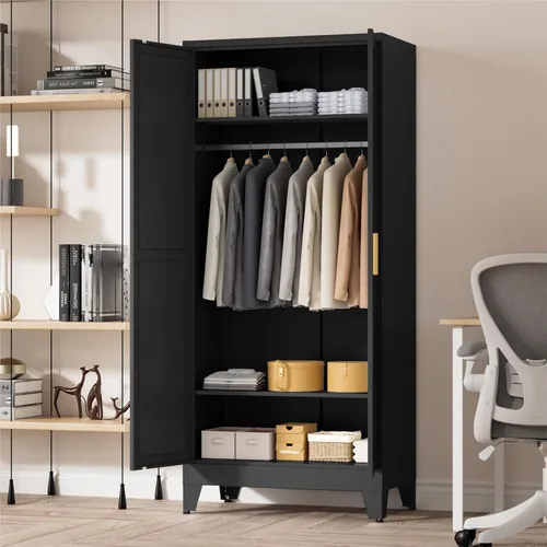 Miniatura 6 de LCAOPC Armario de metal de 71 pulgadas de alto con estantes ajustables y barra para colgar, 2 puertas, armario independiente para dormitorio, Negro