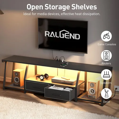 Miniatura 5 de RALGEND Soporte de TV LED para TV de 80 pulgadas, centro de entretenimiento con estantes abiertos y tomas de corriente, mesa consola de TV