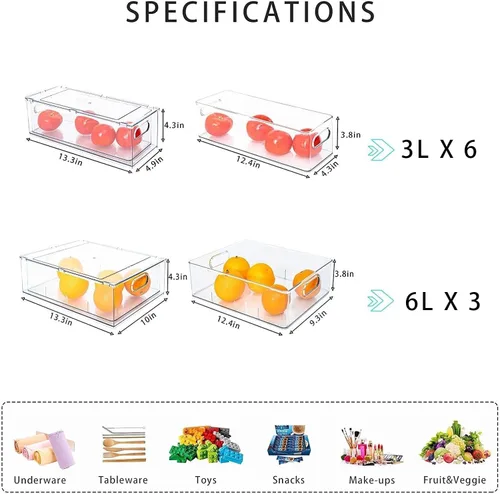 Miniatura 3 de Cajón apilable para nevera con asas, paquete de 3 recipientes grandes transparentes para alimentos con divisores extraíbles, caja de almacenamiento