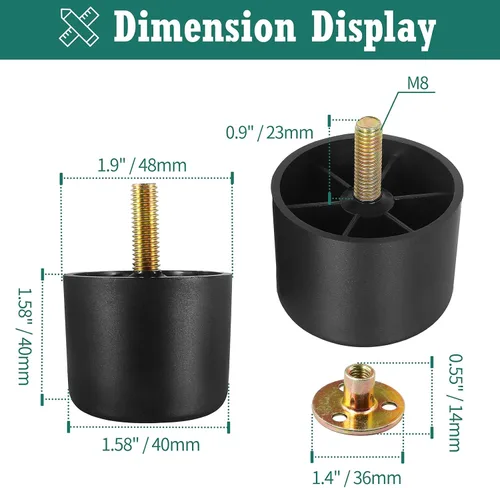 Miniatura 4 de 4 patas de plástico para muebles de 1-1/2 pulgadas, patas de sofá negras, patas redondas para muebles, patas de repuesto para sofá con tuercas