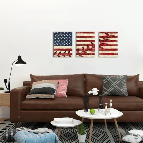 Miniatura 2 de Artsbay Arte de pared con bandera estadounidense roja, lienzo con costuras de béisbol, cuadros modernos, retro, deportes, obras de arte
