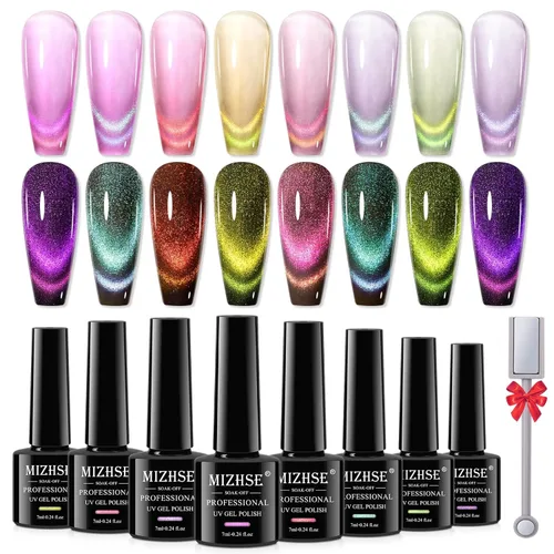 Miniatura 14 de MIZHSE - Juego de esmalte de uñas de gel de ojo de gato 9D de 8 colores, kit de esmalte de gel magnético mejorado con barra magnética, esmalte de A