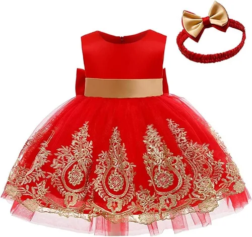 Miniatura 3 de Vestido de encaje bordado con lazo para bebé, para cumpleaños, boda, fiesta formal, tutú con gorro
