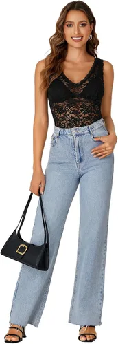 Miniatura 6 de Rooscier - Blusa sin mangas para mujer, con encaje floral, cuello en V, con volantes, transparente, sin sujetador