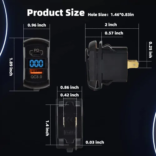 Miniatura 2 de CNAODUN Interruptor basculante USB con cargador USB C y cubierta impermeable, Dual PD y QC3.0, voltímetro LED azul de 12V/24V para panel