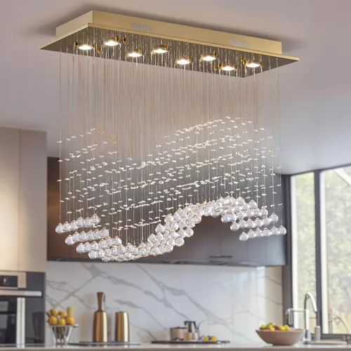 Miniatura 5 de Siljoy Candelabro de Cristal Rectangular Dorado para Comedor, 31.5'' Candelabro de Cristal Moderno con Gotas de Lluvia Onduladas, Lámpara Colgante
