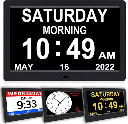 AINFTIME Reloj DST con día y fecha para ancianos, 3 pantallas, calendario digital, alarma, día, demencia, Alzheimer, reloj con pantalla extragrande