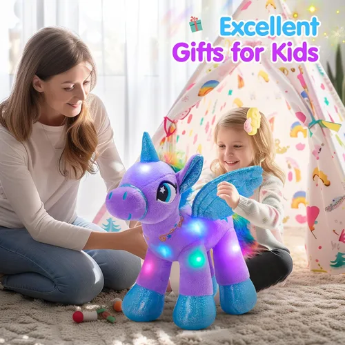 Miniatura 6 de Houwsbaby Peluche de unicornio con luz LED púrpura de 14 pulgadas, juguete de peluche de unicornio, juguete de peluche de caballo brillante, luz