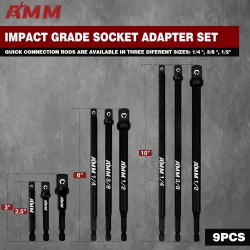 Miniatura 2 de AMM Juego de adaptadores de enchufe de grado de impacto de 9 piezas, 1/4, 3/8 pulgadas y 1/2 pulgadas Adaptador de destornillador de enchufe de 3