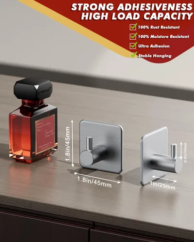 Miniatura 9 de Ganchos adhesivos resistentes de 30 lb (máx) de capacidad, juego de 5 ganchos de pared de acero inoxidable sin daños para colgar abrigos, sombreros