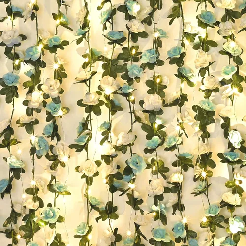 Miniatura 18 de MARTINE MALL Guirnalda de Flores – 5 hebras de 41 pies de enredaderas de rosas para decoración de dormitorio, guirnalda floral de rosas azules