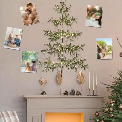 Miniatura 7 de Fudios Árbol de Navidad de pared de olivo con luces, 140 LED, 3.5 pies, guirnalda de ramas verdes preiluminadas con temporizador para ventana