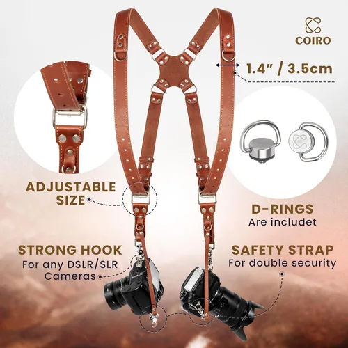 Miniatura 2 de C Coiro Camera Harness for 2 Cameras Dual Shoulder Leather Camera Strap for DSLR/SLR, Camera Straps for Photographers Canela