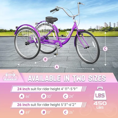 Miniatura 7 de Triciclo para adultos de 1 velocidad, bicicletas de 3 ruedas de 24 pulgadas con canasta grande, bicicleta de crucero para mujeres/hombres/personas