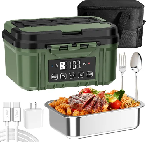 Miniatura 10 de Fiambrera eléctrica inalámbrica para adultos – Fiambrera calentada a batería con recipiente de acero inoxidable de 1.2 L, función de temporizador