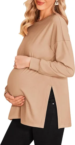 Ekouaer Camisas de maternidad para mujer, manga larga, con abertura lateral, camiseta de embarazo, blusa tipo túnica, ropa casual para mamá