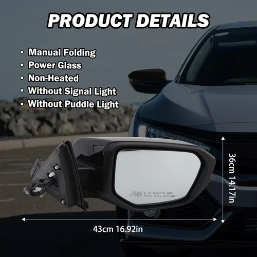 Miniatura 8 de Espejo lateral del pasajero compatible con Honda Civic 2016, 2017, 2018, 2019, 2020, 2021, espejo con cristal eléctrico, sin calefacción, plegable