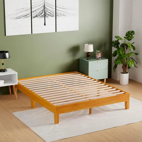 Miniatura 7 de PayLessHere Marco de cama de madera con plataforma tamaño Queen, sin cabecero, no necesita somier, listones de madera, soporte sin ruido, fácil