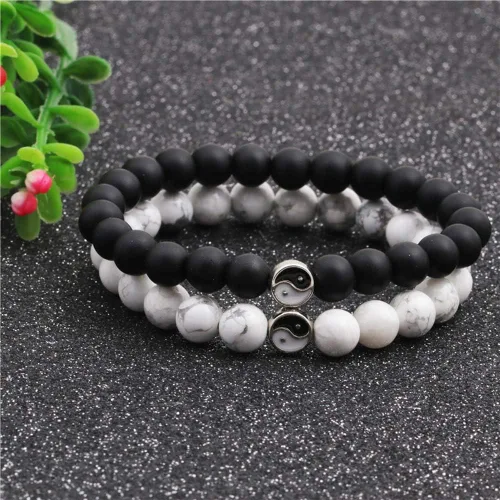 Miniatura 2 de Moda hombres mujeres Taiji Yin Yang Feng Shui Charm pulsera natural blanco turquesa y negro cuentas parejas pulseras amistad distancia pulsera