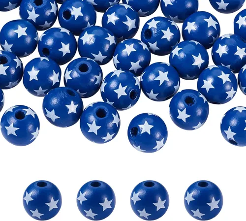 FASHEWELRY 50 cuentas de madera patrióticas del 4 de julio de 0.632 pulgadas (0.630 in), estrella azul, bandera estadounidense, día de la