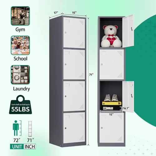 Miniatura 3 de Letaya Taquillas de metal para empleados, gabinete de almacenamiento de acero de 71 pulgadas con 4 puertas con cerradura para personal de oficina