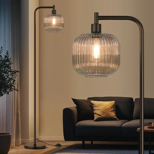 Miniatura 14 de QiMH Lámpara de pie de cristal para sala de estar, lámpara de pie moderna con pantalla de vidrio acanalado e interruptor de pedal, lámpara de 67