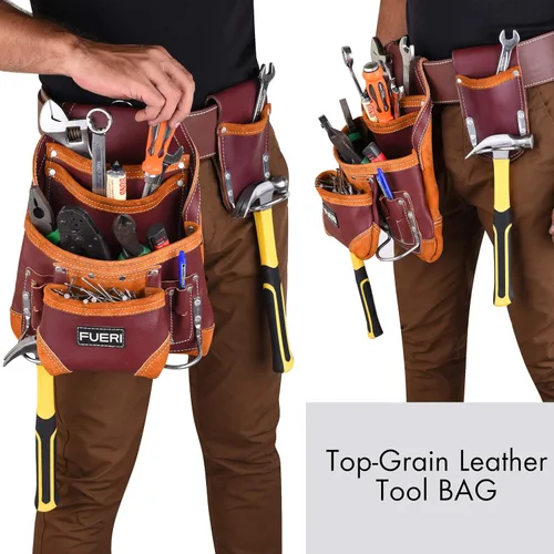 Miniatura 7 de FUERI Bolsa profesional de 10 bolsillos para herramientas de carpintero Cuero de grano premium resistente, soporte de marco ajustable de refuerzo