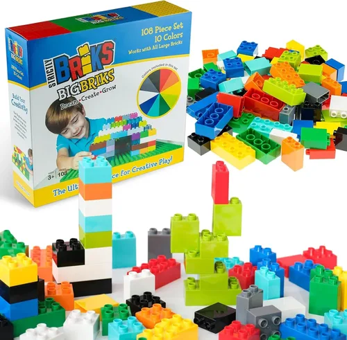 Strictly Briks - Big Briks Set, juego de 108 piezas, 10 colores divertidos, bloques de construcción grandes para edades de 3 años en adelante,