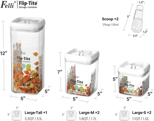 Miniatura 3 de Felli Flip Tite Contenedor de almacenamiento de alimentos de 5 pulgadas, grande, juego de 5 unidades + etiqueta sin residuos, tapa hermética