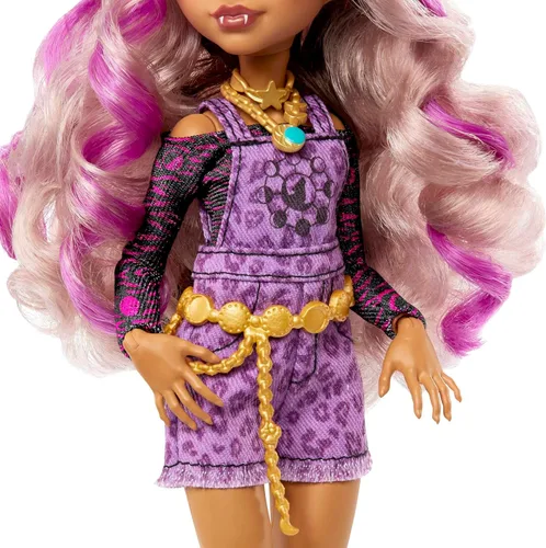 Miniatura 5 de Muñeca Monster High, Clawdeen Wolf con cabello con rayas púrpuras en su look característico con accesorios de moda y mascota perruna Crescent