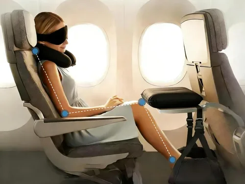 Miniatura 2 de Set de Viaje Portátil para Dormir en Avión, 2 Almohadas Inflables de Viaje, Reposapiés Tipo Hamaca, Máscara para los Ojos y Tapones para los Oídos
