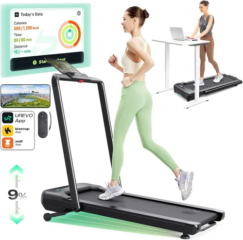 UREVO Smart Treadmill with 9% Incline, 3-in-1 Foldable Treadmill with Handle for Home/Office Fitness, Runner-Focused Design, 6 HIIT Programs & Auto