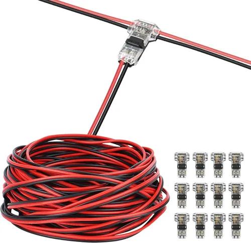 Cable de extensión LED AWG de calibre 22 de 65.6 pies y 12 conectores de cable de 3 vías, conector en T de bajo voltaje, conectores de cable
