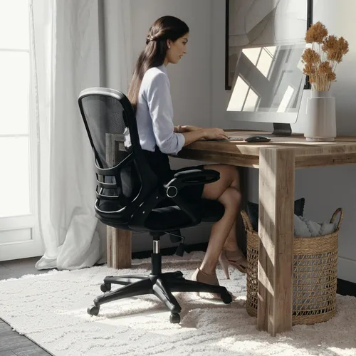 Miniatura 7 de Flash Furniture Porter - Silla de oficina giratoria ergonómica de malla negra con marco negro y brazos abatibles