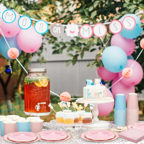 Miniatura 4 de Nitial 462 piezas de suministros para fiesta de revelación de género, vajilla para baby shower, niños o niñas, platos de revelación de género rosa