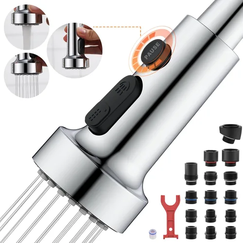 Miniatura 10 de TIORIY Cabezal de Repuesto para Grifo de Cocina Negro, con 15 Adaptadores de Plástico Cabezal Rociador de Grifo Extraíble, Boquilla Rociadora Negro