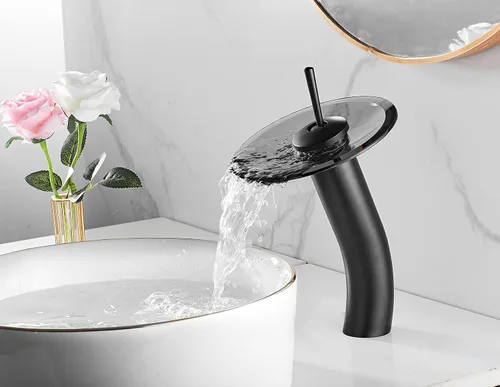 Miniatura 4 de Grifo de cascada, negro, 1 agujero, latón macizo sin plomo, control de temperatura y flujo con una manija de palanca